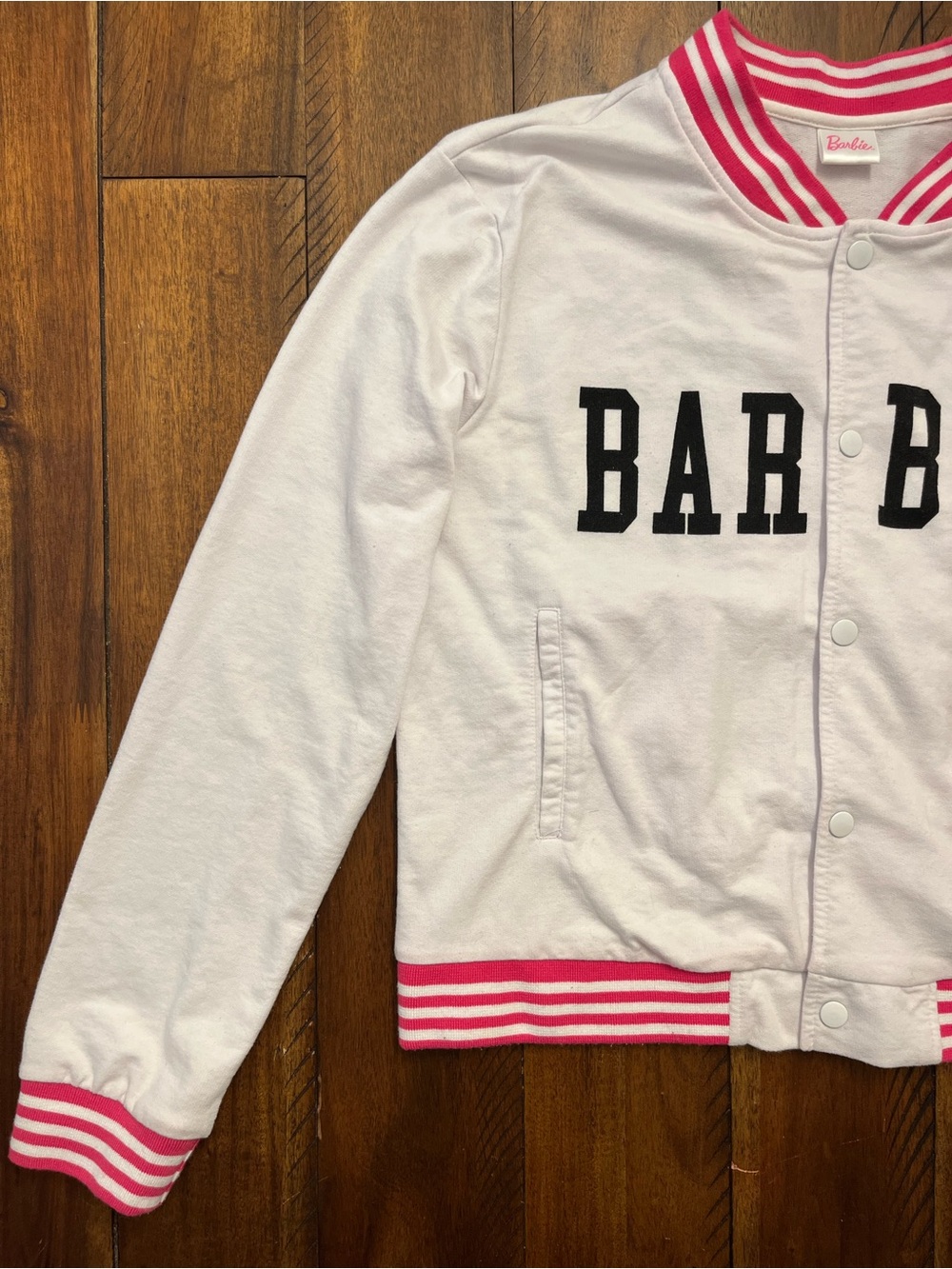 Barbie White Varsity Jacket with Pink Trim and Black Lettering - Picture 4 of 12